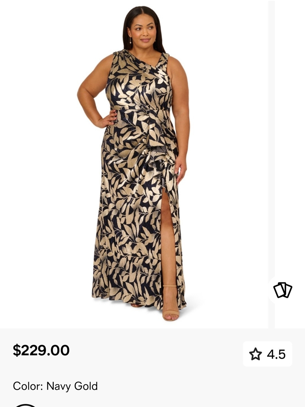 Adrianna Papell Navy and Gold Leaf-Print One-Shoulder Gown